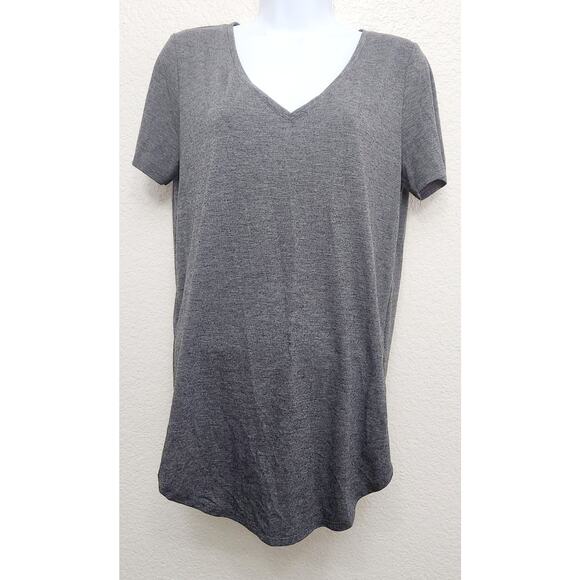Mudd Gray Heathered V Neck Short Sleeve Top Large Rounded Hem Lightweight Soft - Picture 1 of 4